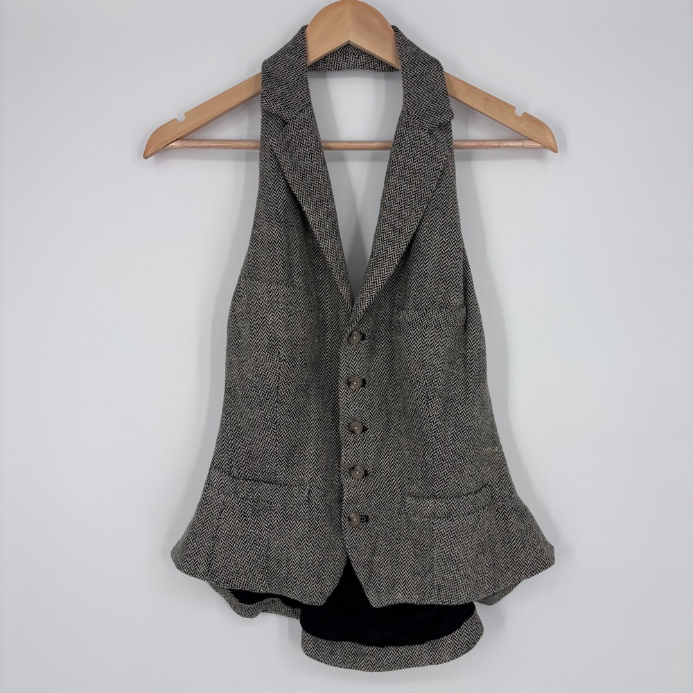 VTG Ralph Lauren Rugby Halter Vest Women 8 Gray Herringbone Linen Silk Peplum